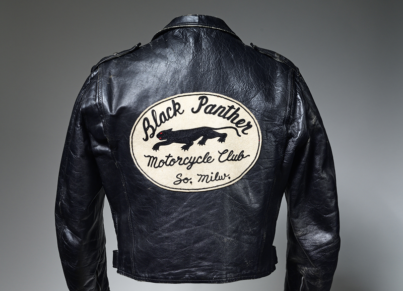 Black leather motorcycle jacket featuring a Black Panther Motorcycle Club back patch