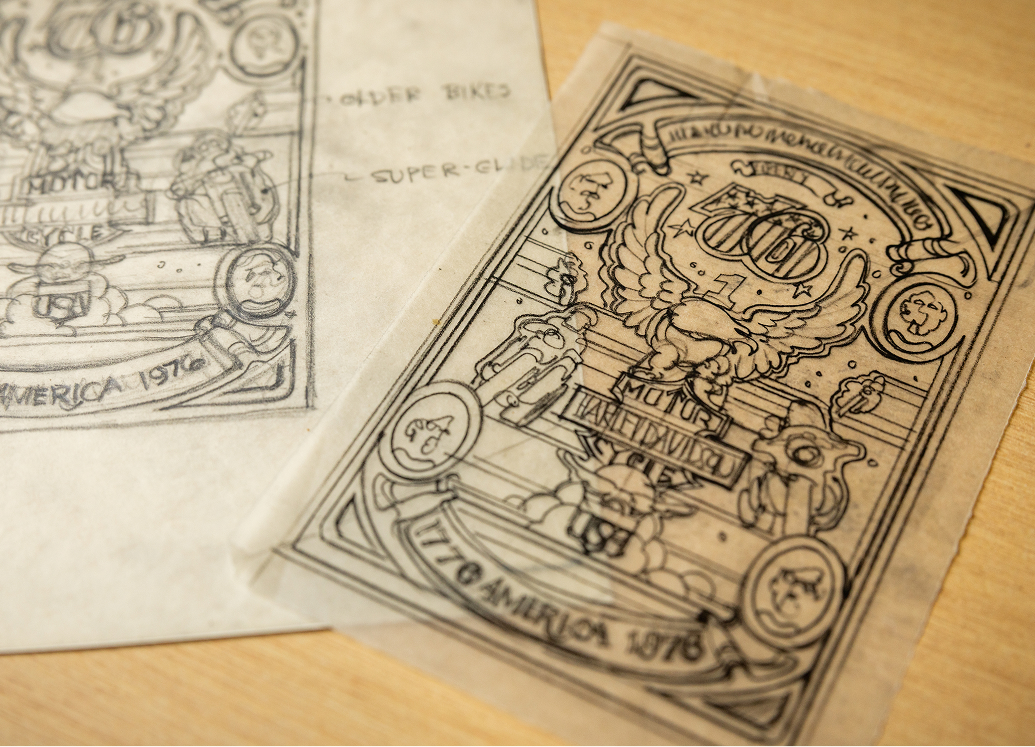 Two detailed sketch sheets showing the eagle‑themed ‘76 Bicentennial artwork