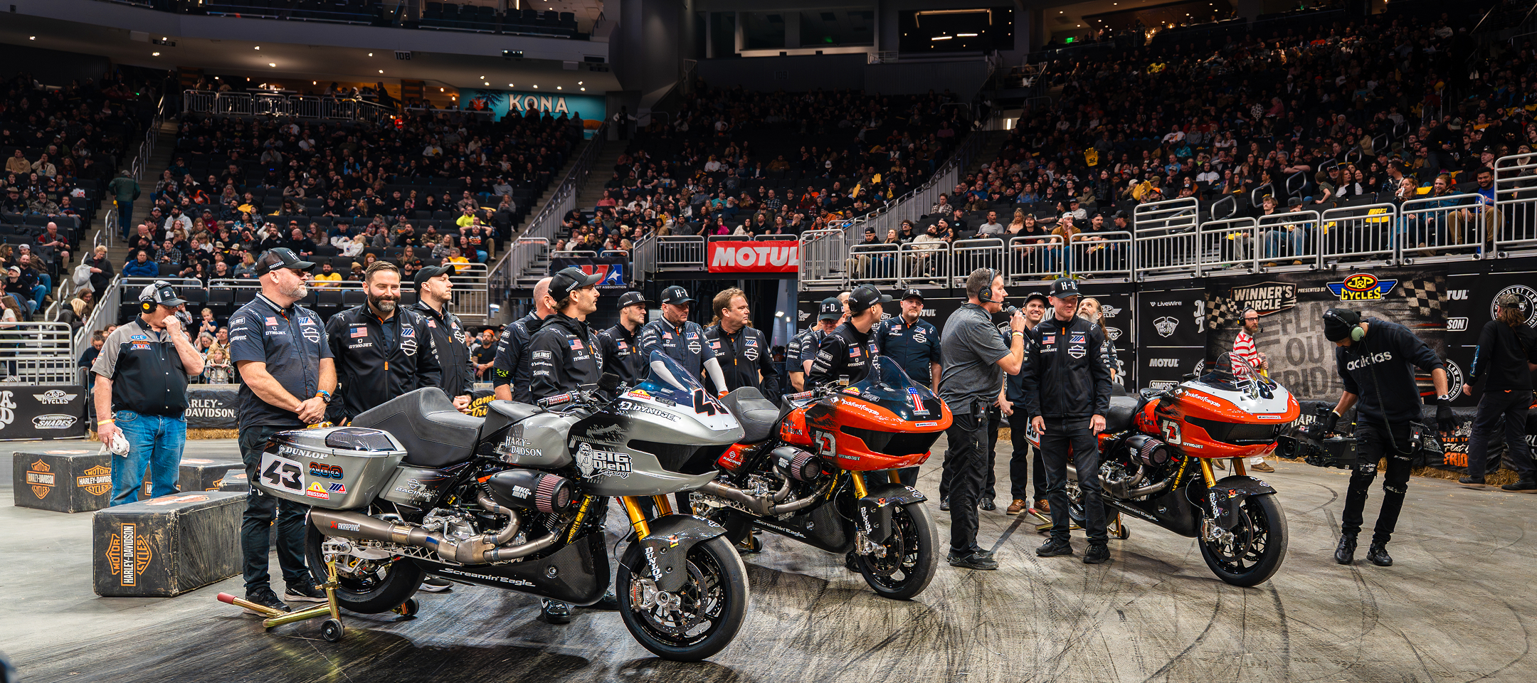 The Harley-Davidson Race Team displays 3 motorcycles built to compete in the upcoming King of the Baggers season