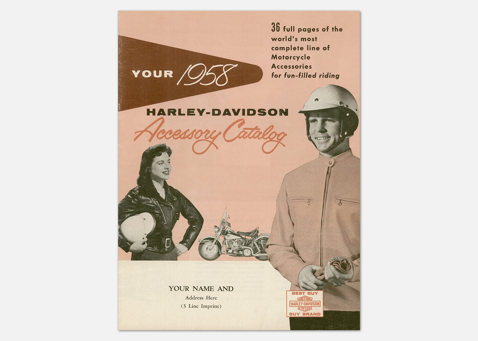 Scan of the cover of a Harley-Davidson 1958 accessory catalog showing male and female riders with white plastic safety helmets.