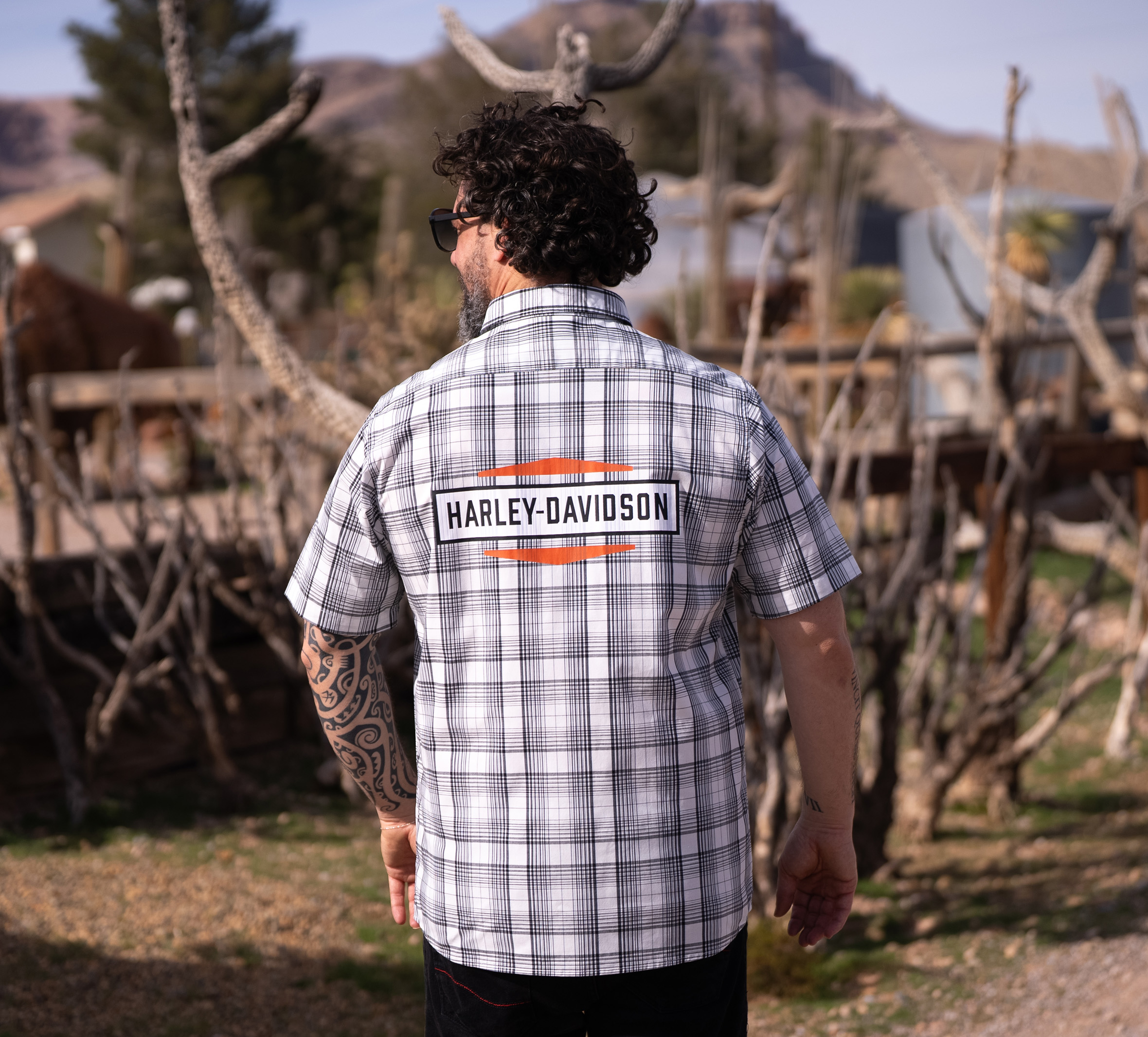 back of a man in short sleeve plaid shirt that says Harley-Davidson 