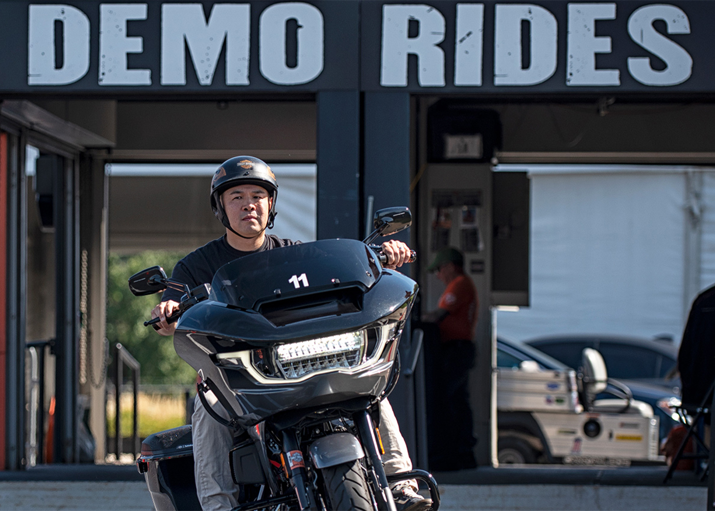 Rider on Harley-Davidson motorcycle at Demo Rides area