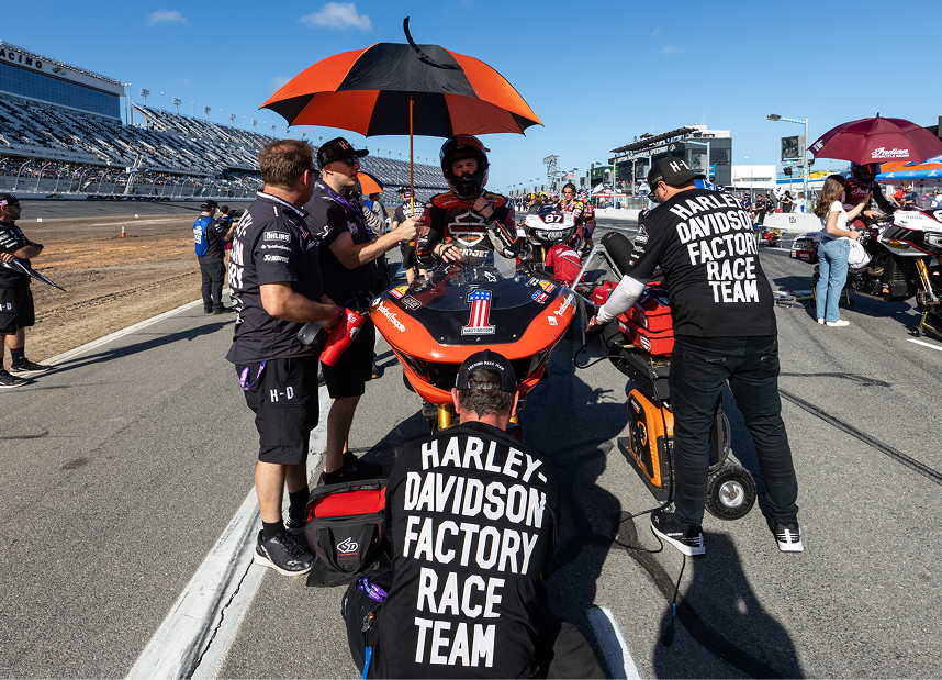 The Harley-Davidson Race Team preps Kyle Wyman for a race on the starting grid at Daytona International Speedway