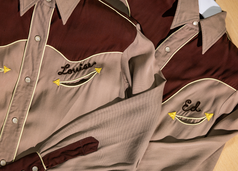 Embroidered two-tone motorcycle club shirts with western styling, piping, and personalized names
