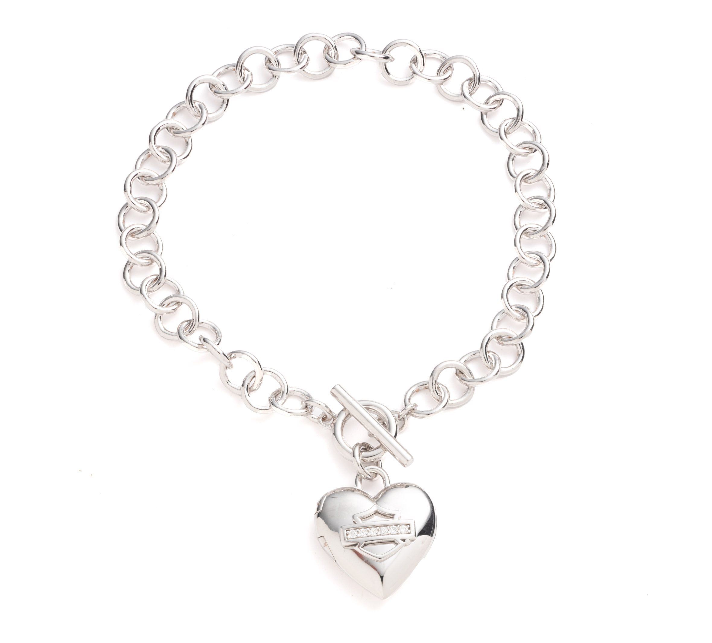 Women's Sterling Silver Pave Bar & Shield Heart Locket Charm Bracelet