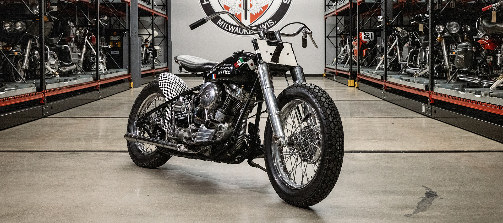 Alfonso Sotomayor’s 1957 Harley-Davidson FL on display in the H-D museum archives.