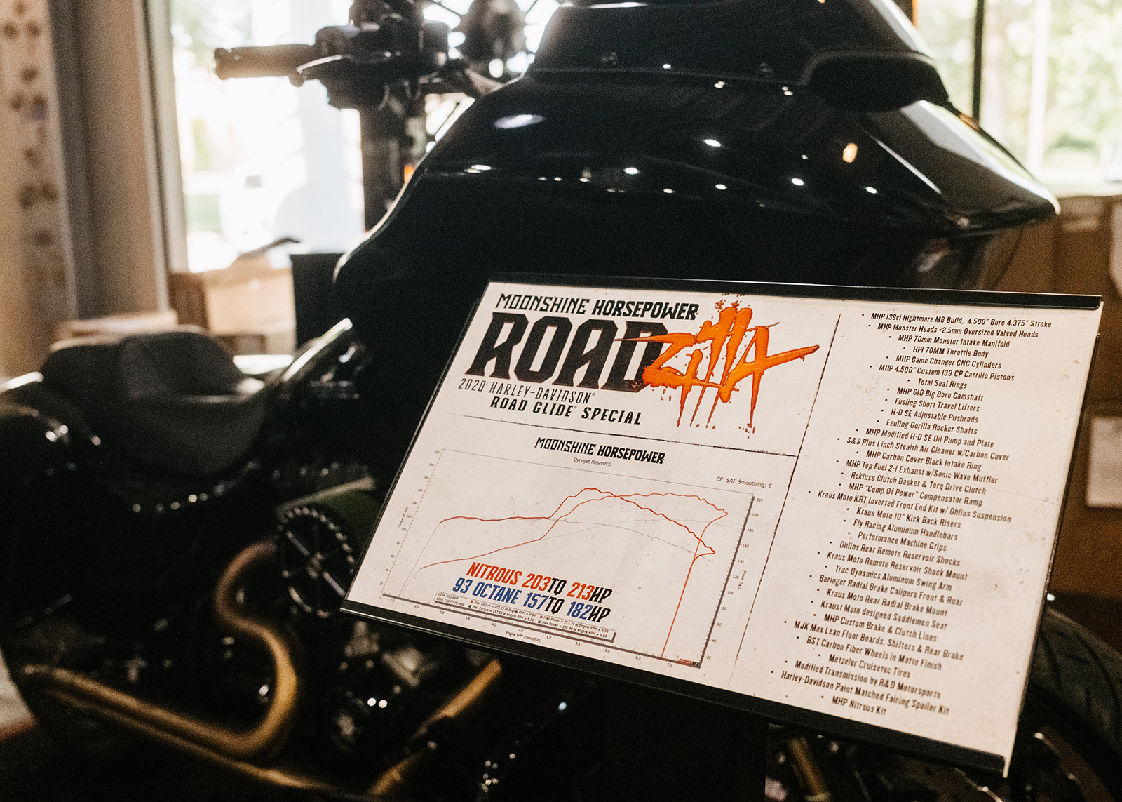 A retail sign showing a horsepower graph displayed next to the Moonshine Harley-Davidson performance motorcycle build called “Roadzilla.”
