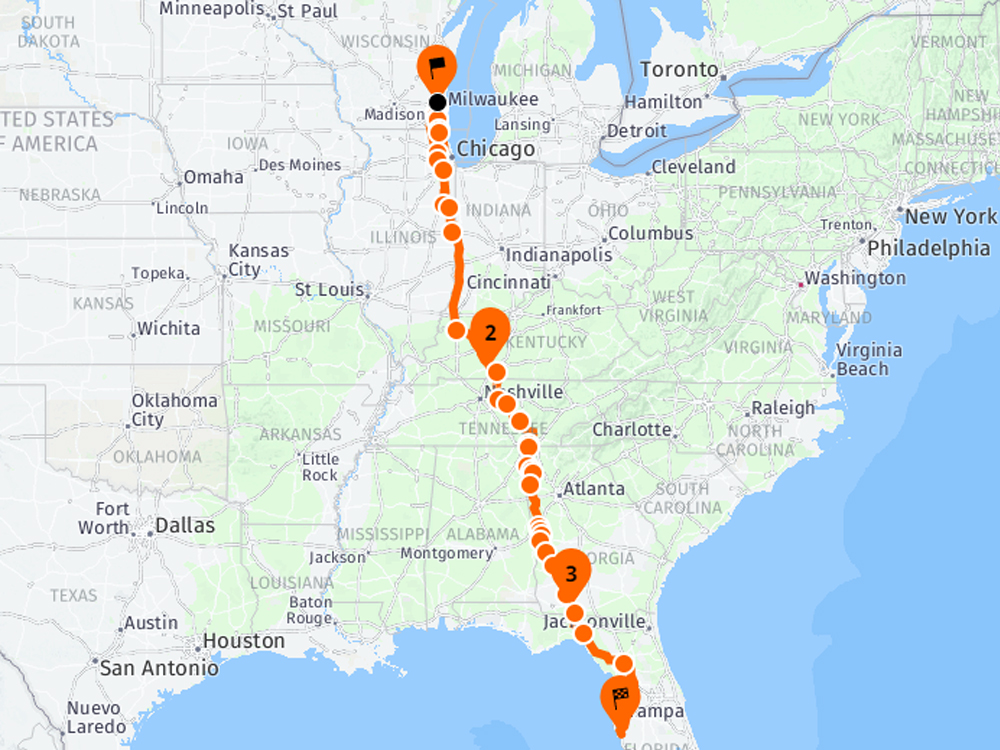 Mappa dell’itinerario dalla baia di Tampa a Milwaukee