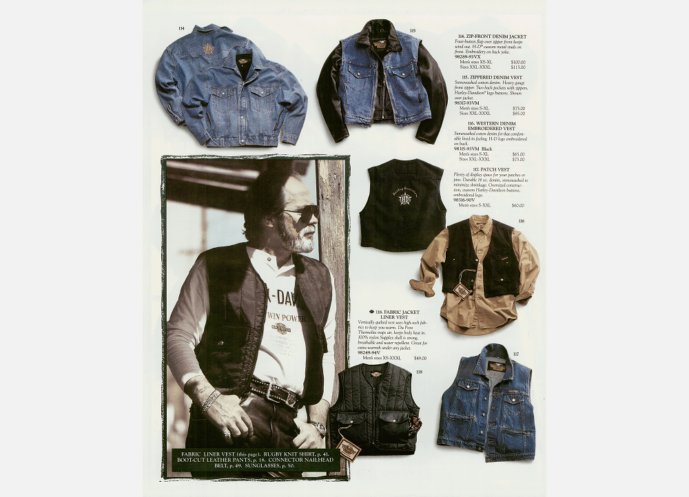 Catalog layout showing denim jackets and vests with product photos, descriptions, and a vintage styling theme