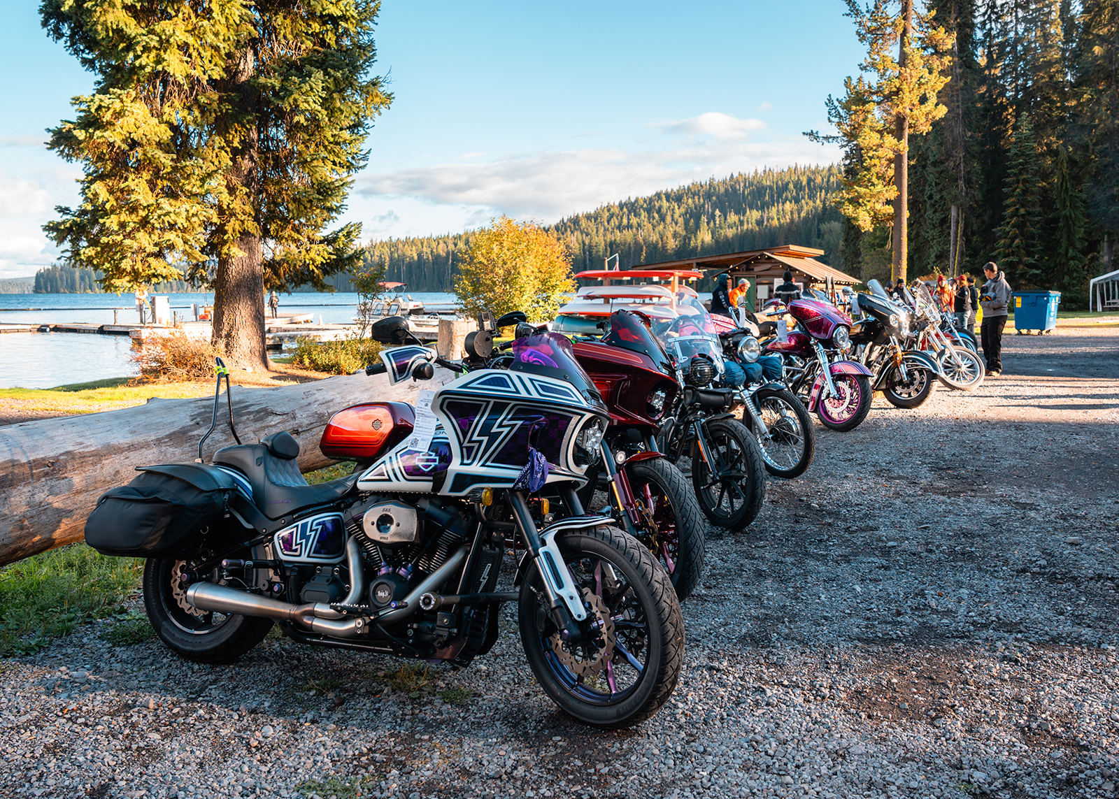 A row of colorful motorcycles are parked near a lakeside dock surrounded by tall evergreens.
