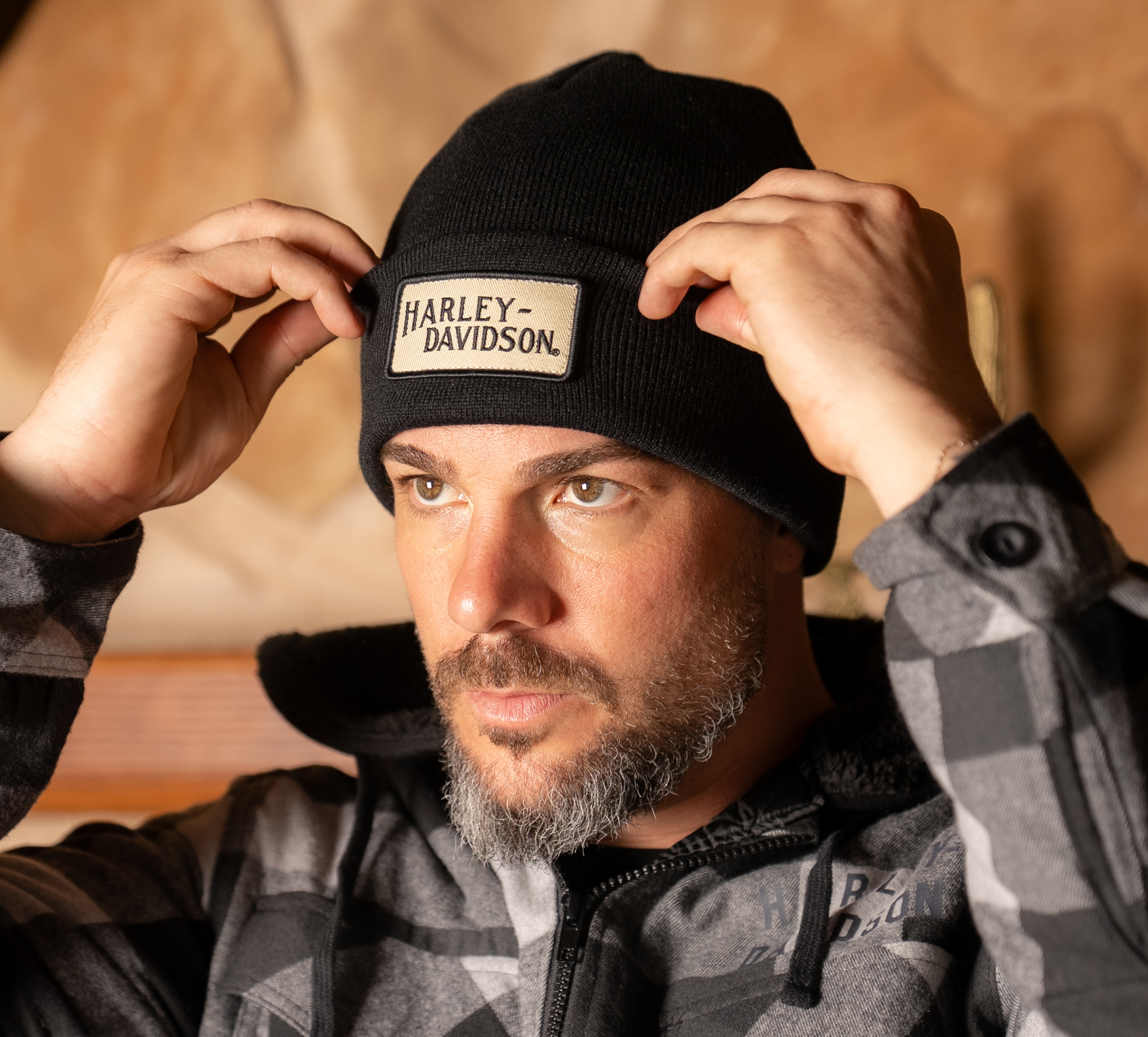 H-D Font Cream Patch Knit Beanie