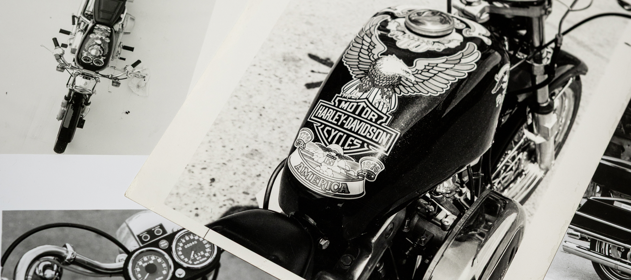 Black‑and‑white photos of vintage motorcycles, including a Harley‑Davidson ’76 Bicentennial tank logo