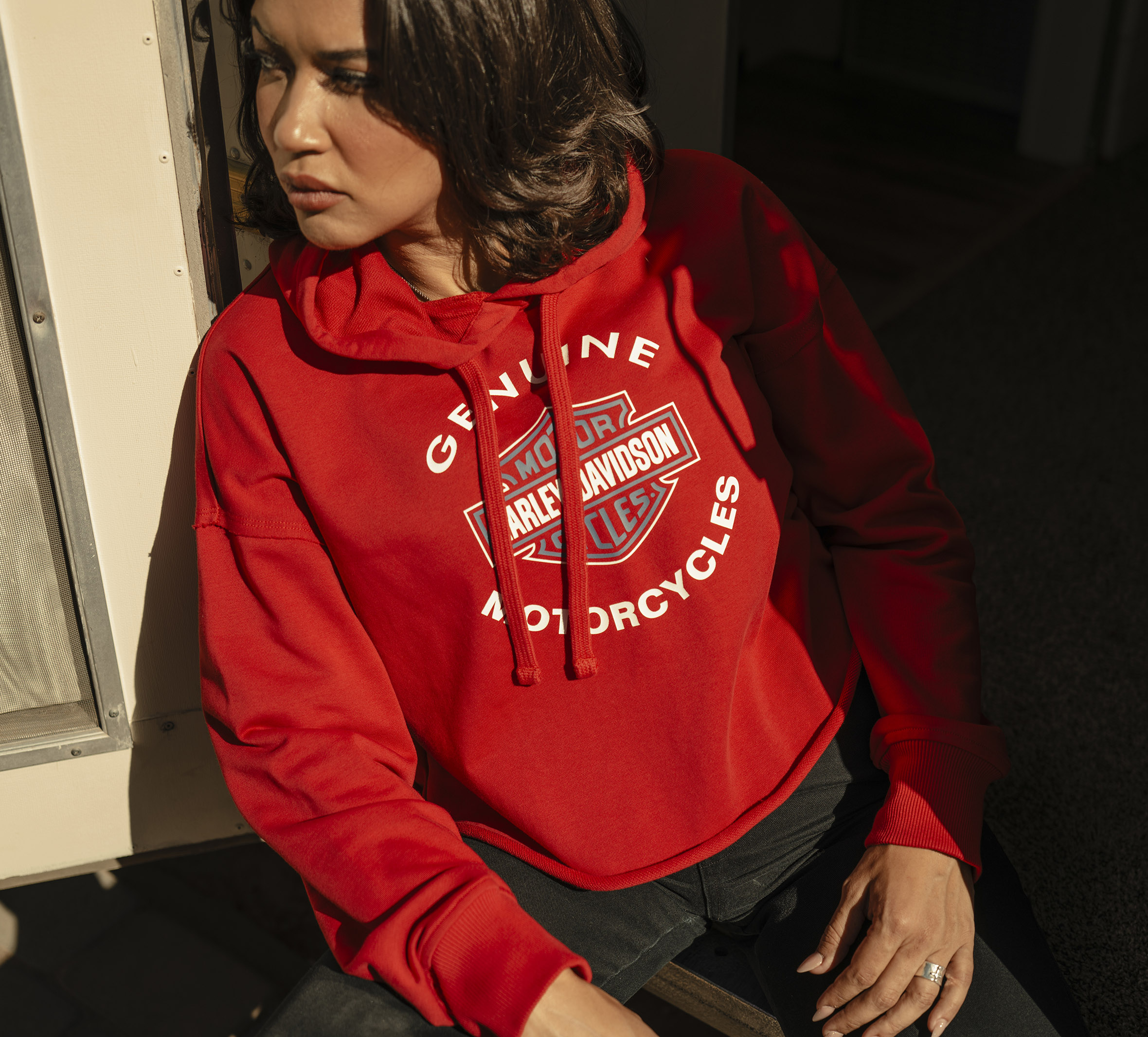 woman wearing red H-D Essential Raw-Edge Hoodie