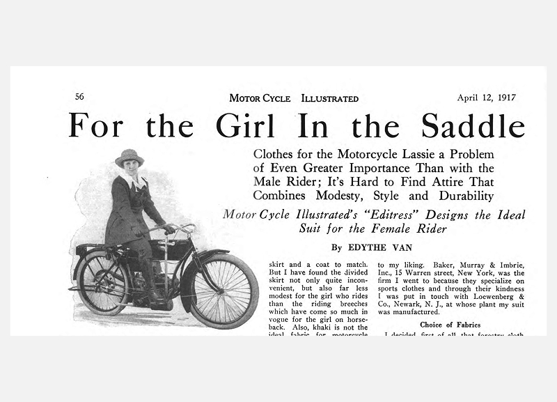 Vintage 1917 magazine article titled “For the Girl in the Saddle” featuring motorcycle apparel and rider attire