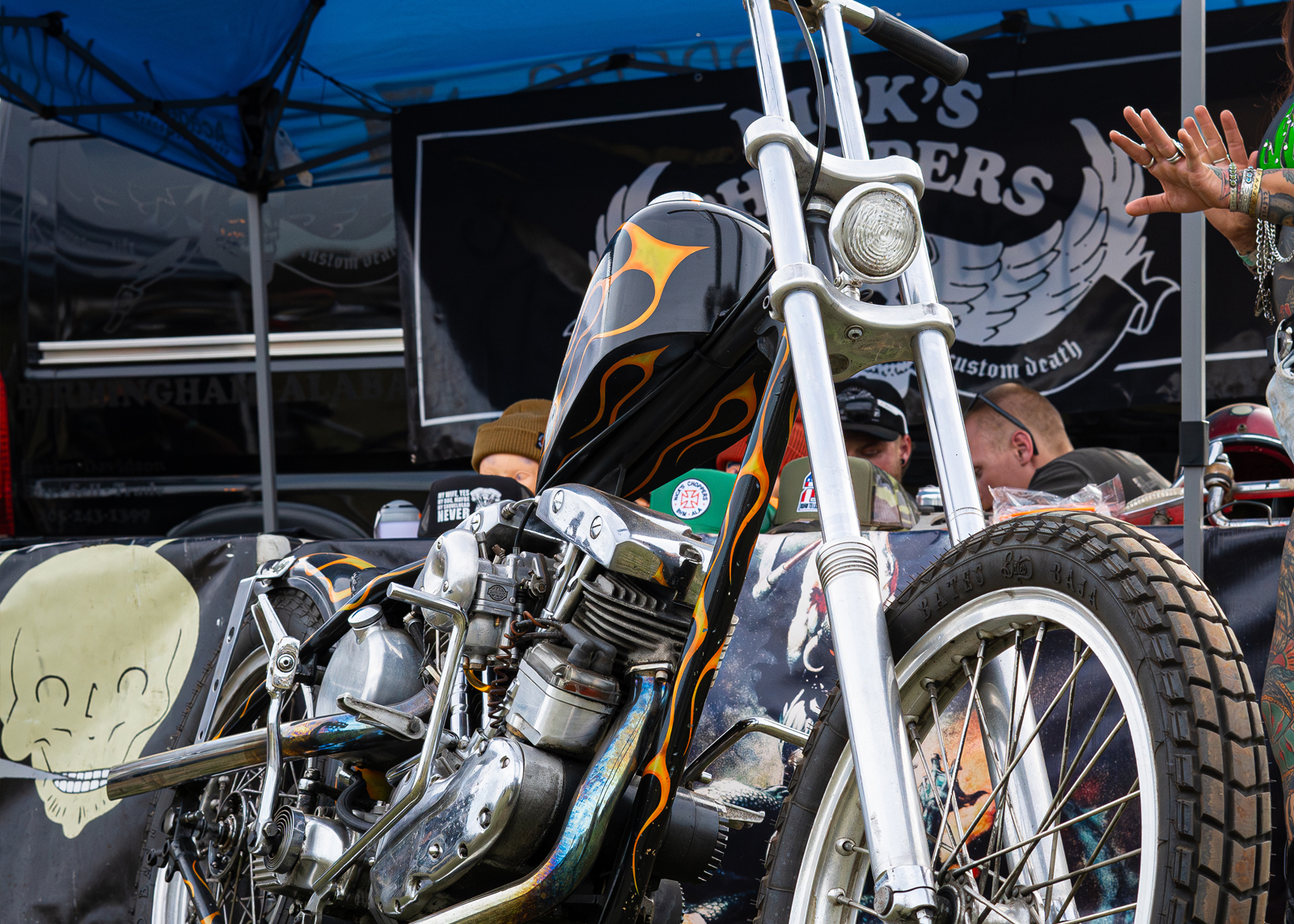 Close up of black Harley with orange flames