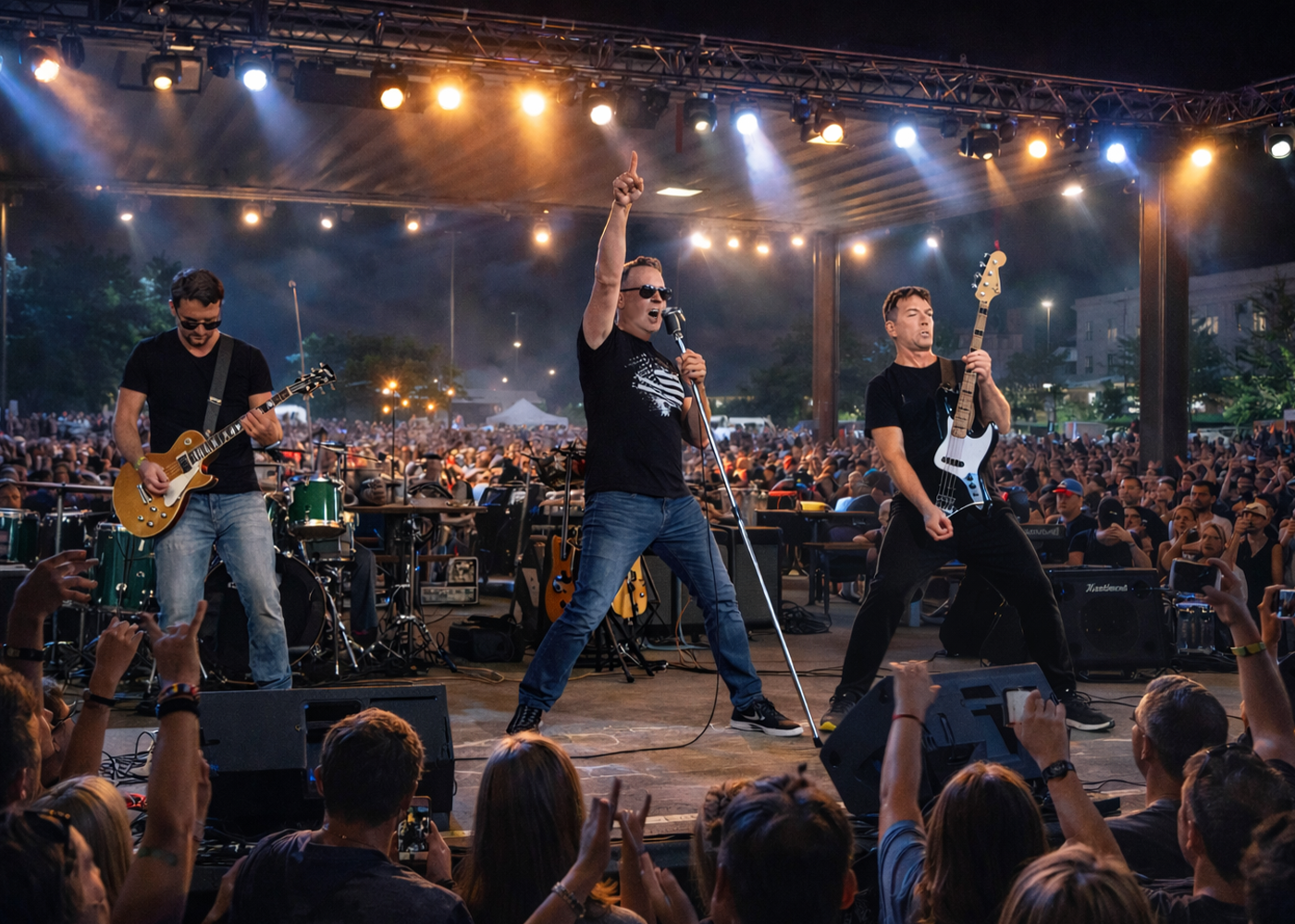 Band performing on stage in front of large crowd at outdoor concert