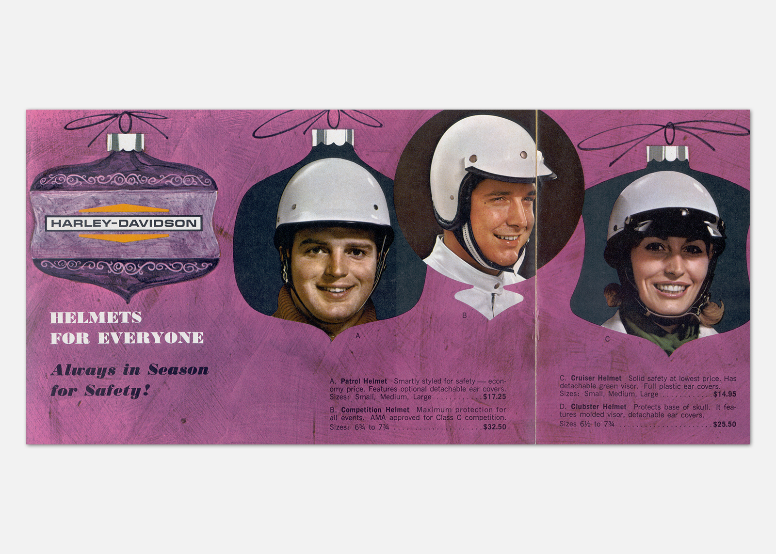 Scan of vintage holiday ad for Harley-Davidson white plastic safety helmets.