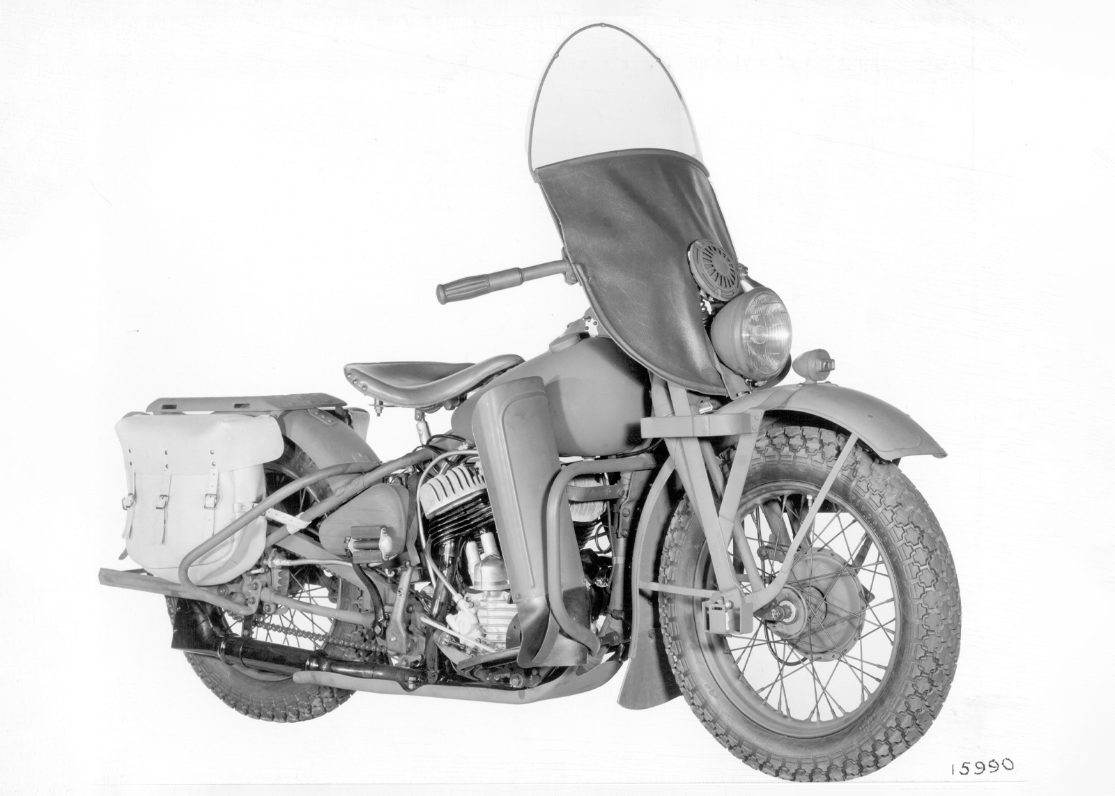Black and white photograph of a war-issued Harley-Davidson motorcycle