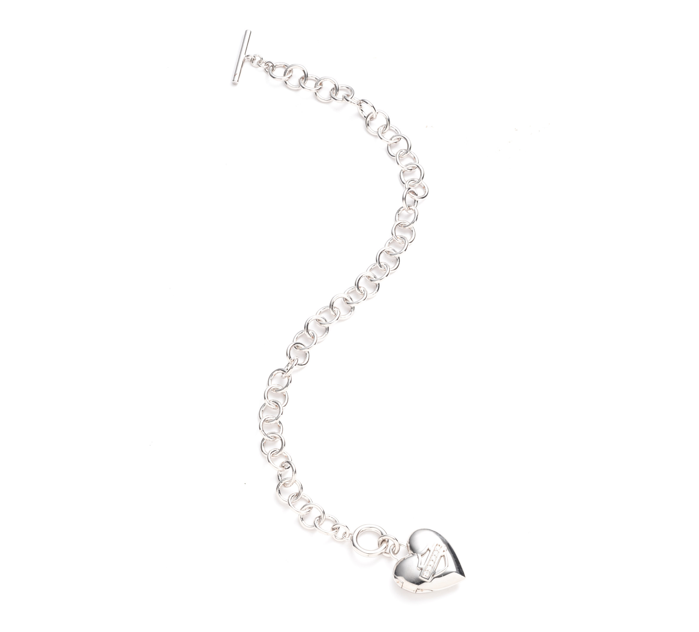 Women's Sterling Silver Pave Bar & Shield Heart Locket Charm Bracelet