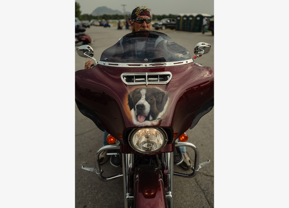 Dog portrait painted on the front of a Harley-Davidson fairing during a motorcycle show and rally