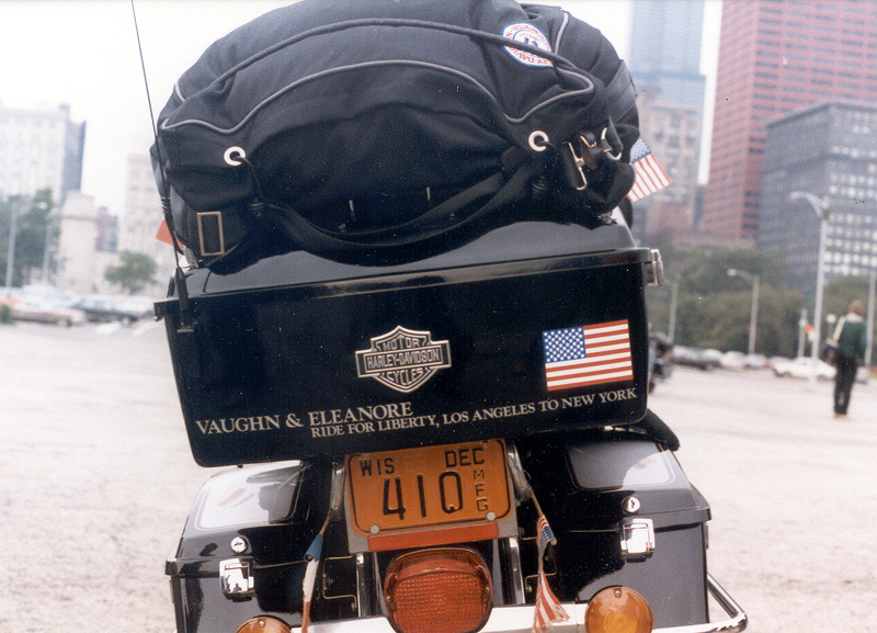 Rear view of Harley-Davidson CEO Vaughn Beals’ motorcycle with sticker saying “Ride For Liberty"