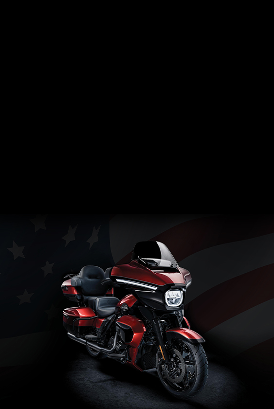Street Glide Ultra Motorcycle on black background with American Flag