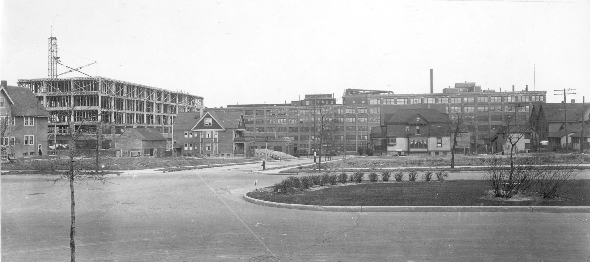 A brick campus from across a road