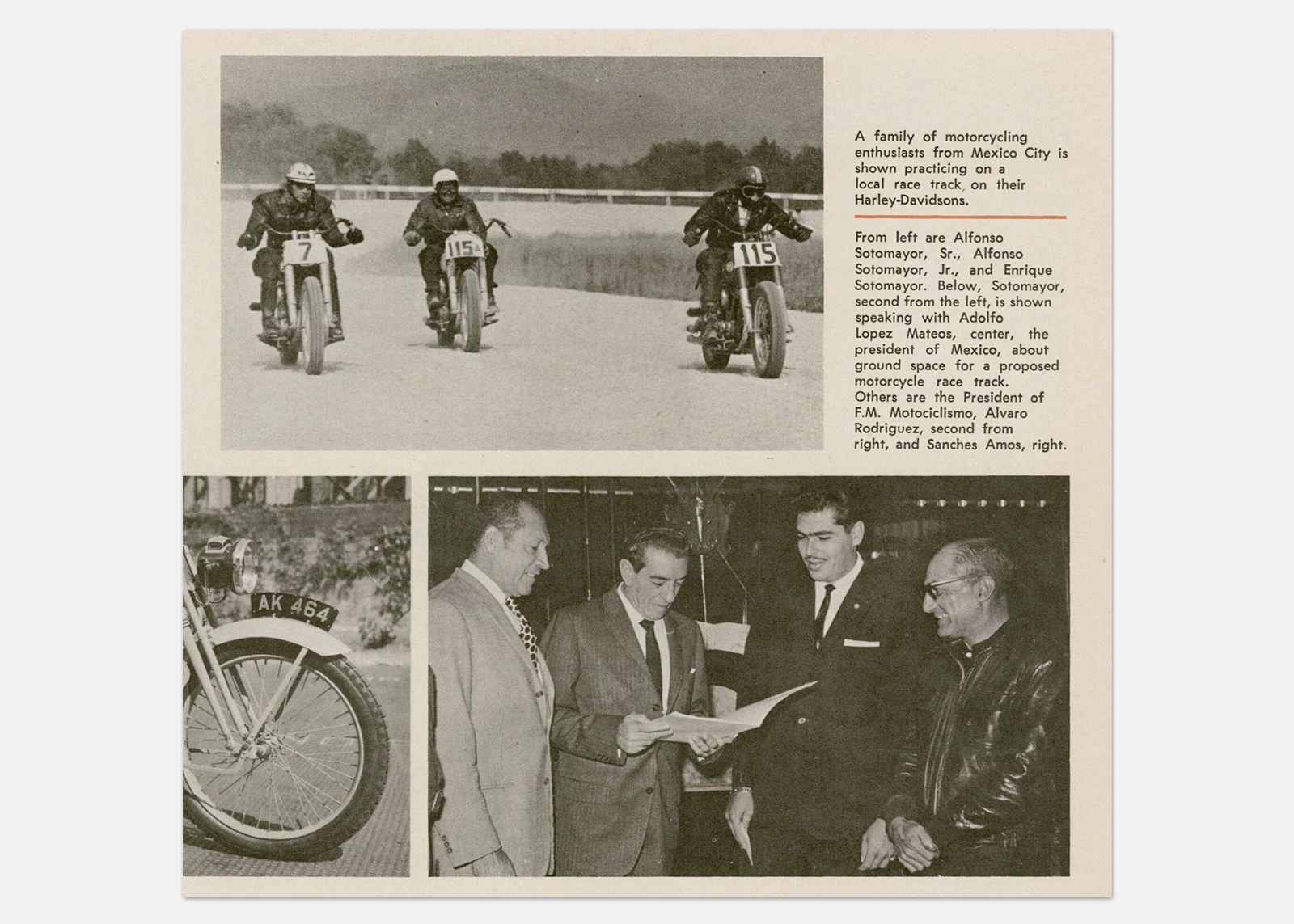 A vintage newspaper clipping showing images of the Sotomayor family racing motorcycles and meeting with the Mexican President Adolfo Lopez Mateos.