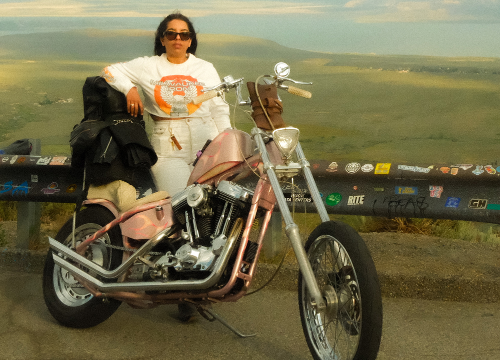 Custom chopper motorcycle parked at a scenic overlook with rider gear, guardrail, and sweeping valley views