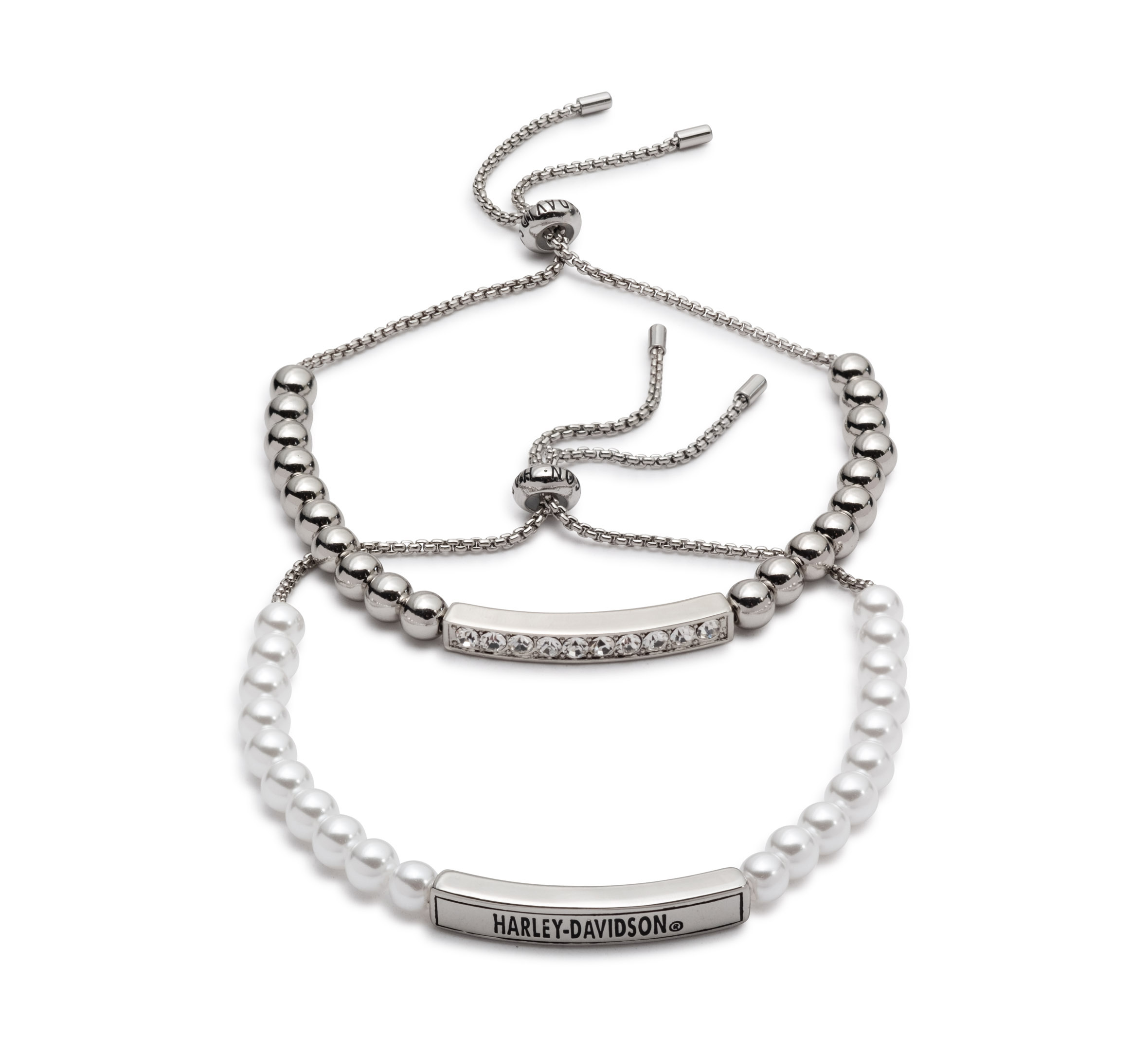 Women's Set of Two Pearl and Metal Beaded Slider Bracelets