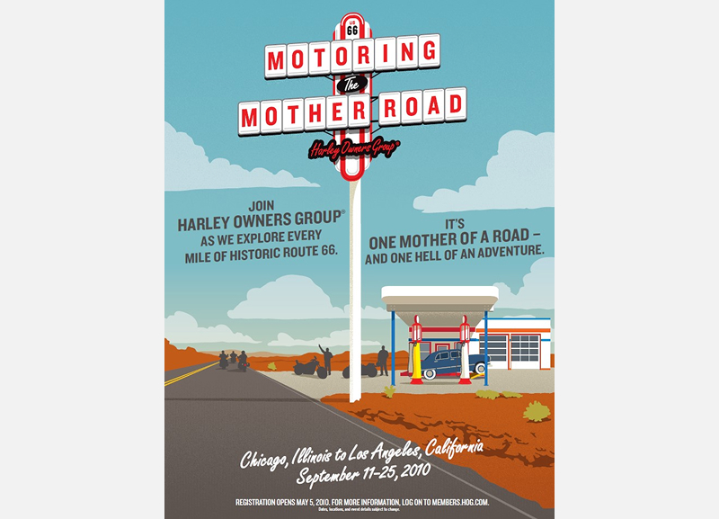 Illustrated poster promoting Harley Owners Group Route 66 “Motoring the Mother Road” tour with desert road and retro styling