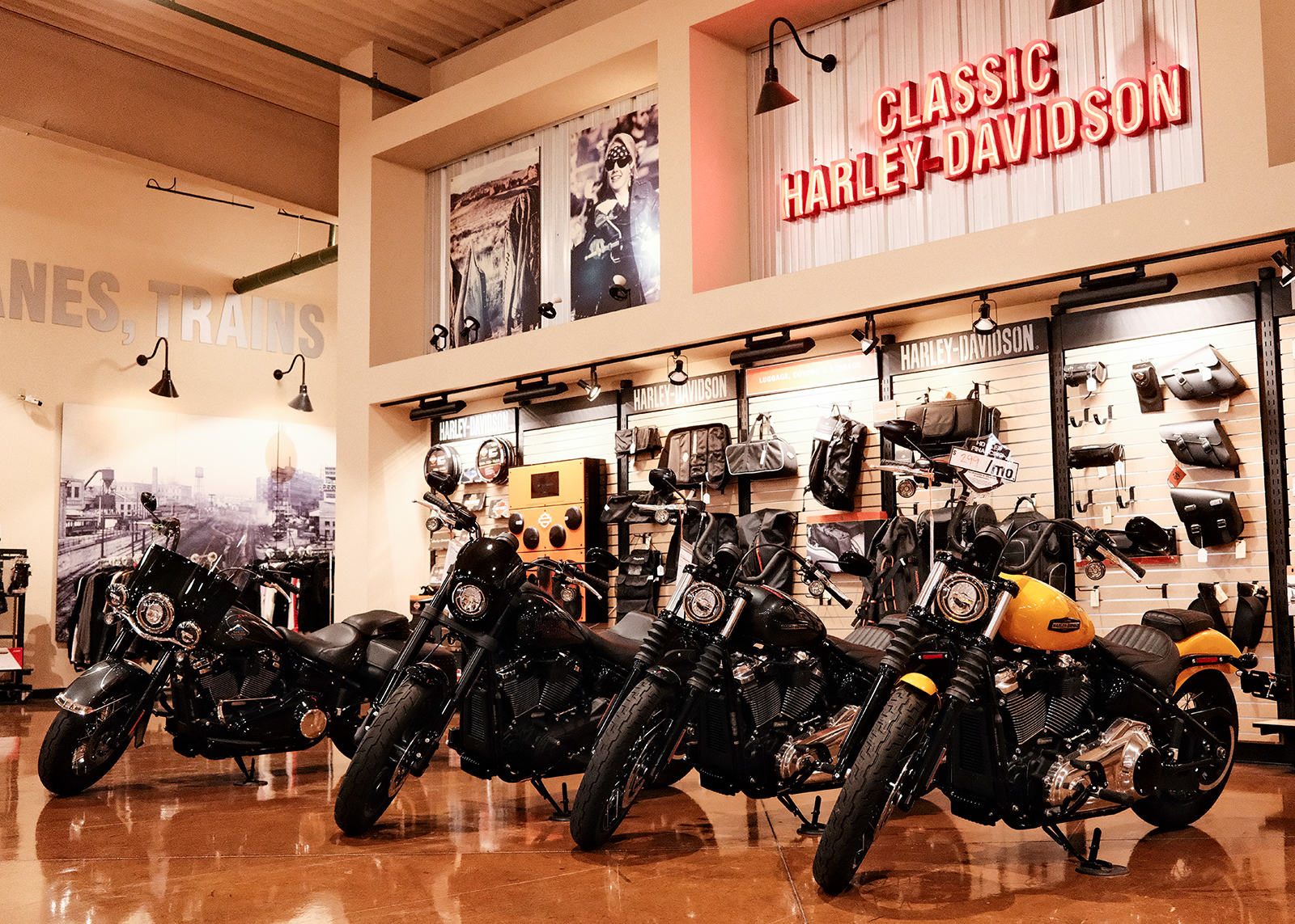 A row of new Street Bobs is lined up on the showroom floor at Classic Harley-Davidson.